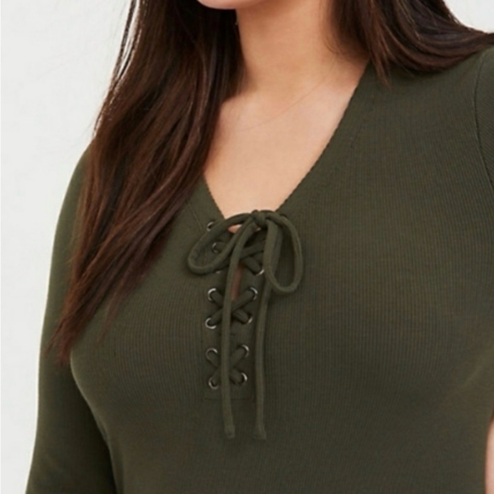 Torrid Dark Green Lace-Up Long Sleeve Dress - Picture 2 of 4